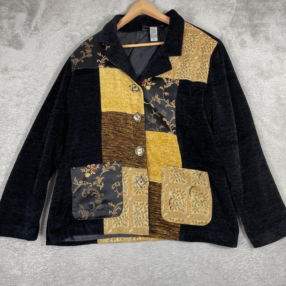 Indigo Moon Patchwork Jacket Womens Medium Black Corduroy Art to Wear Vintage